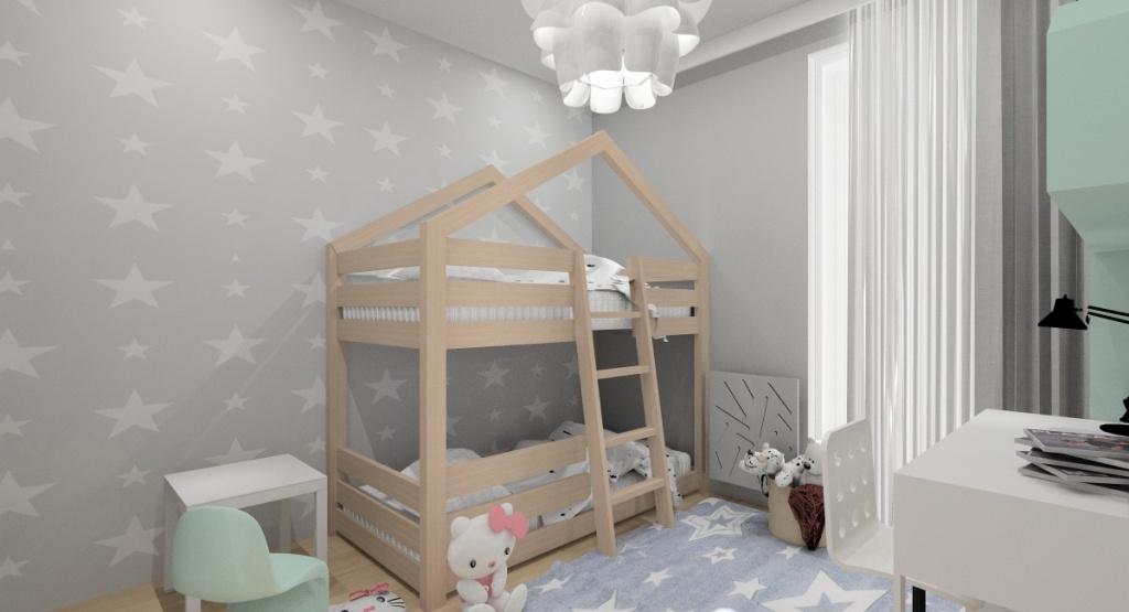 Aranżacja pokoju dla rodzeństwa, łóżko piętrowe domek, kolory miętowy, szary, biały i drewno, półki domki